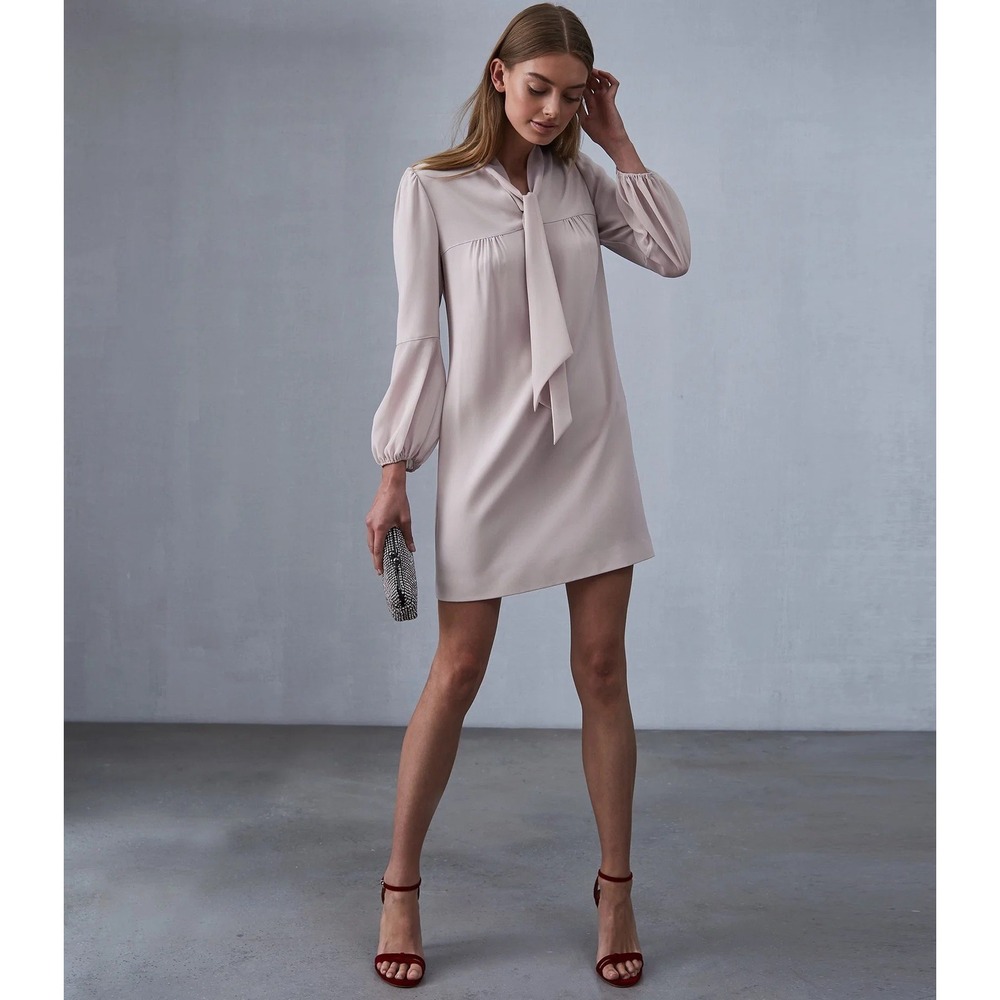 Reiss Ronda Long Sleeve Shift Dress Tie Neck Grey Blush Tone (MSRP: $370) US 0